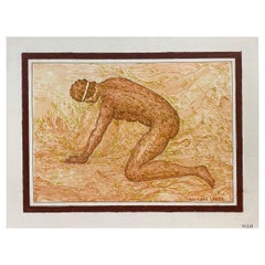 Peinture moderniste française des années 1950 signée, figure nue dans un paysage