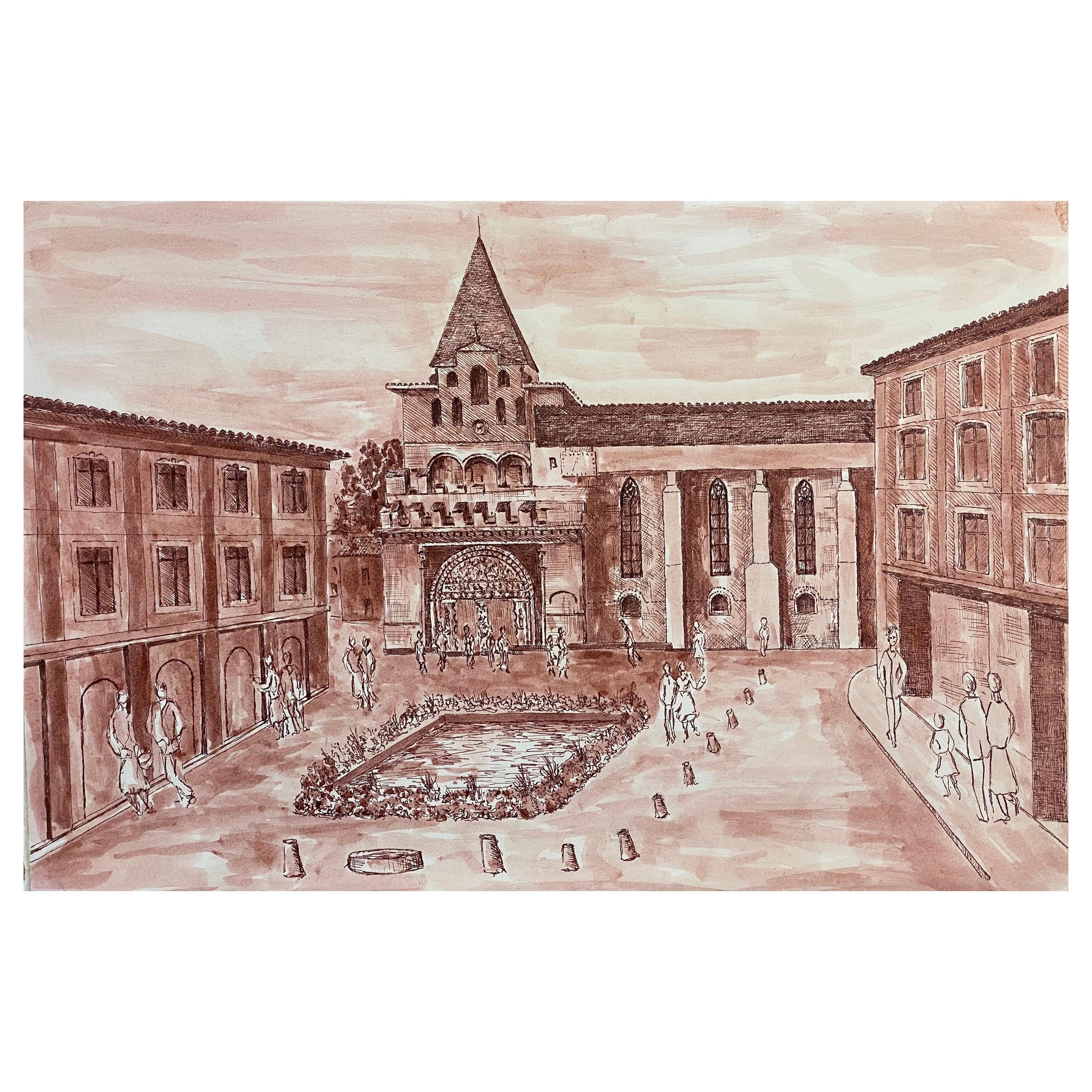 1950's French Modernist/ Cubist Painting, Busy French Town Square For Sale