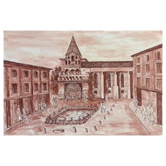 1950's French Modernist/ Cubist Painting, Busy French Town Square