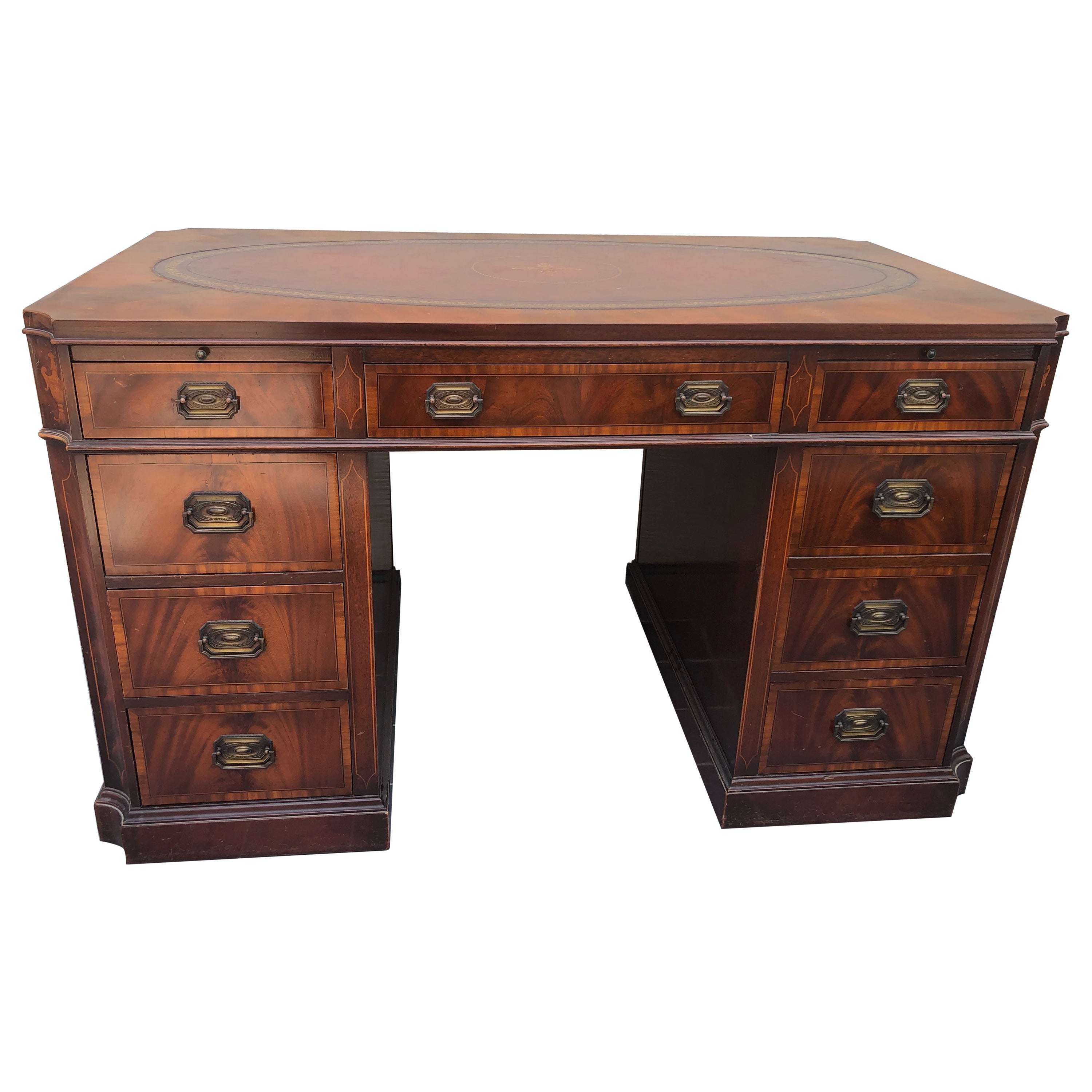 Power Broker Impressive Large Flame Mahogany Partners Desk with Leather Oval Top For Sale