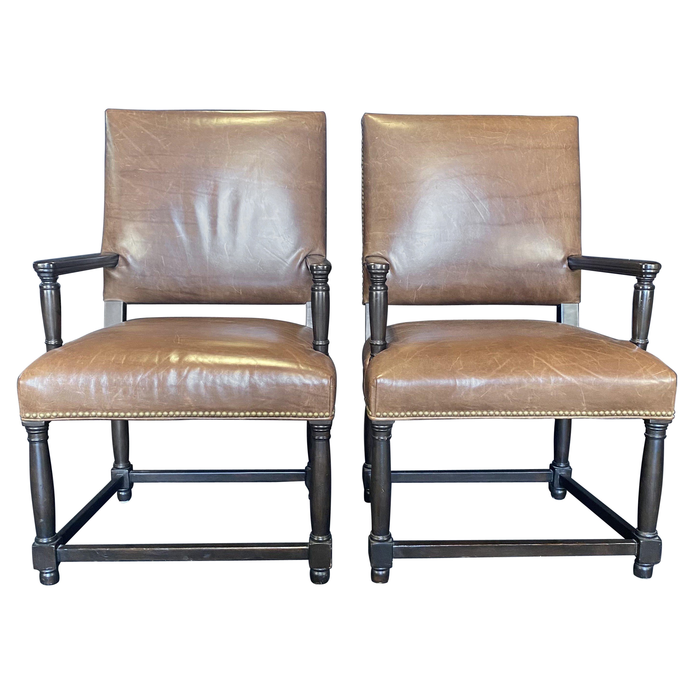 Masculine Pair of Tobacco Brown Leather Armchairs with Nailhead Trim