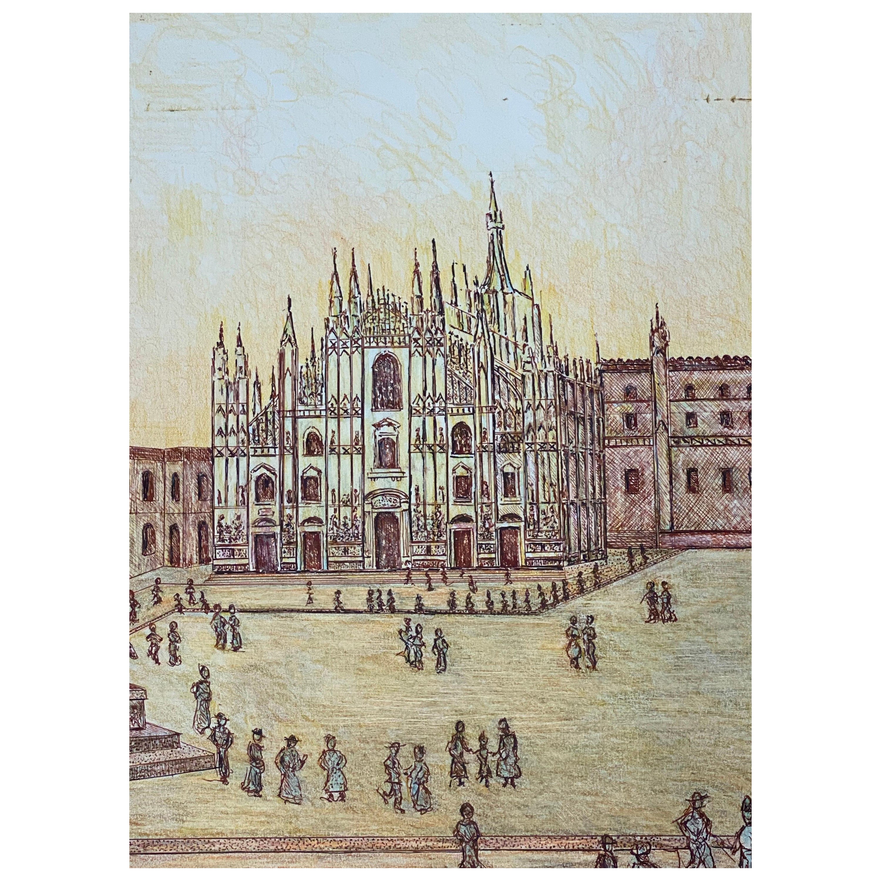 1950's Modernist Painting Signed, Milan Cathedral Cityscape For Sale