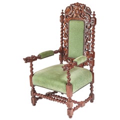 Grand fauteuil trône victorien ancien en chêne sculpté
