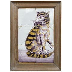 Quadro di piastrelle Delft olandese del XVIII secolo raffigurante un gatto con topo