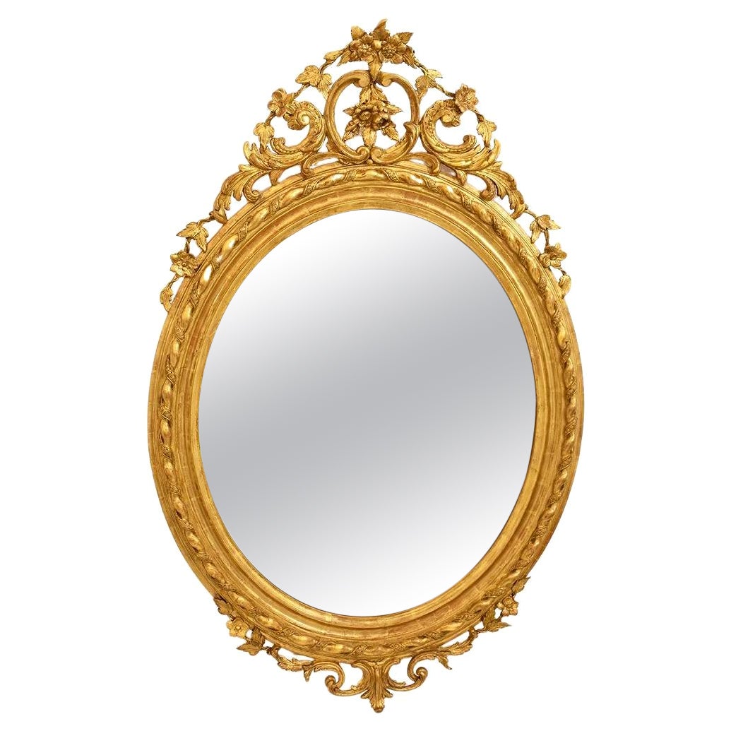 Antique Golden Mirror, Oval Wall Mirror, Gold Leaf Frame, XIX Century For Sale