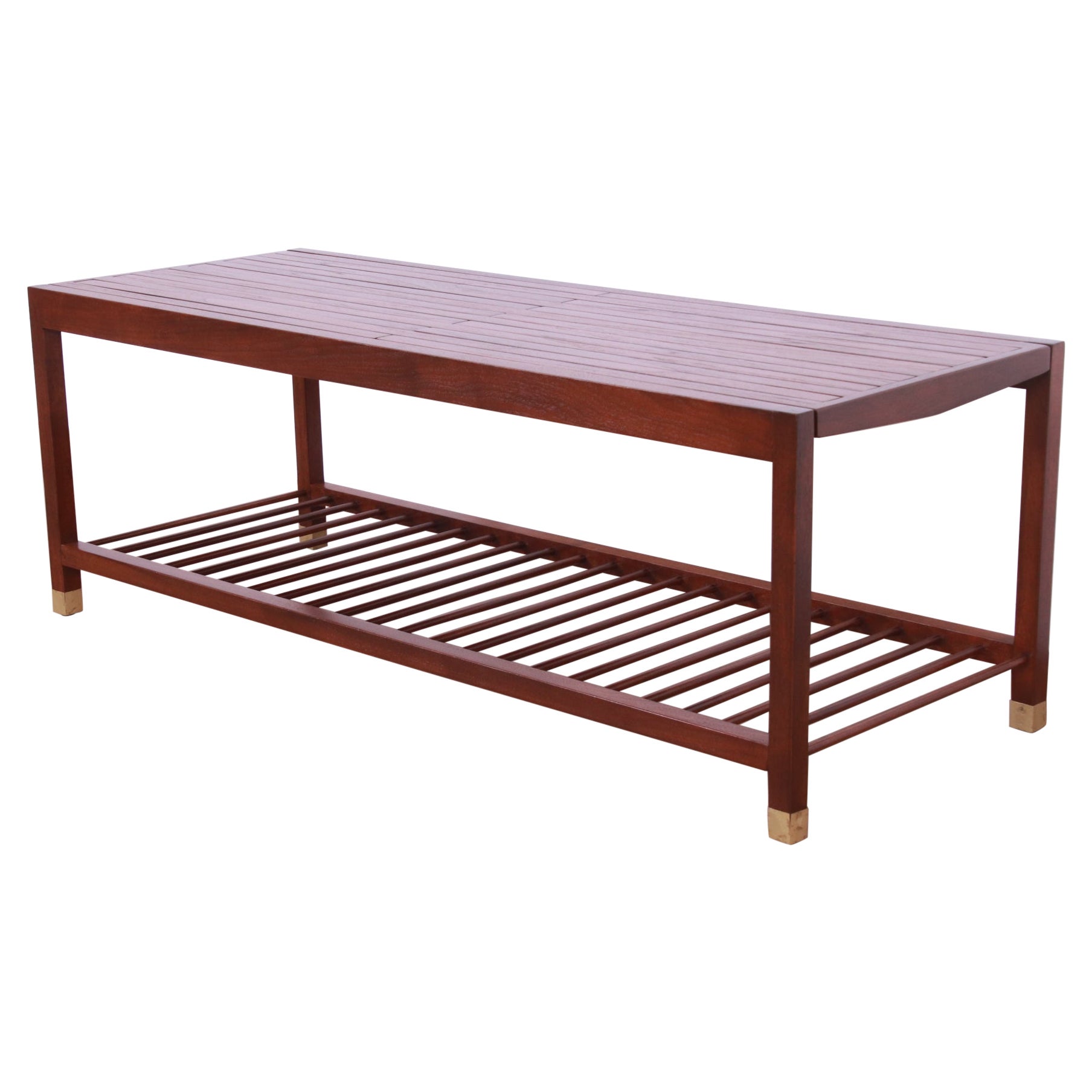 Baker Furniture Mesa de centro extensible de listones de teca moderna de mediados de siglo, reacabada