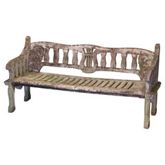 Antique 18th Century French Weathered Carved Stone Outdoor Garden Bench with Lyre Decor