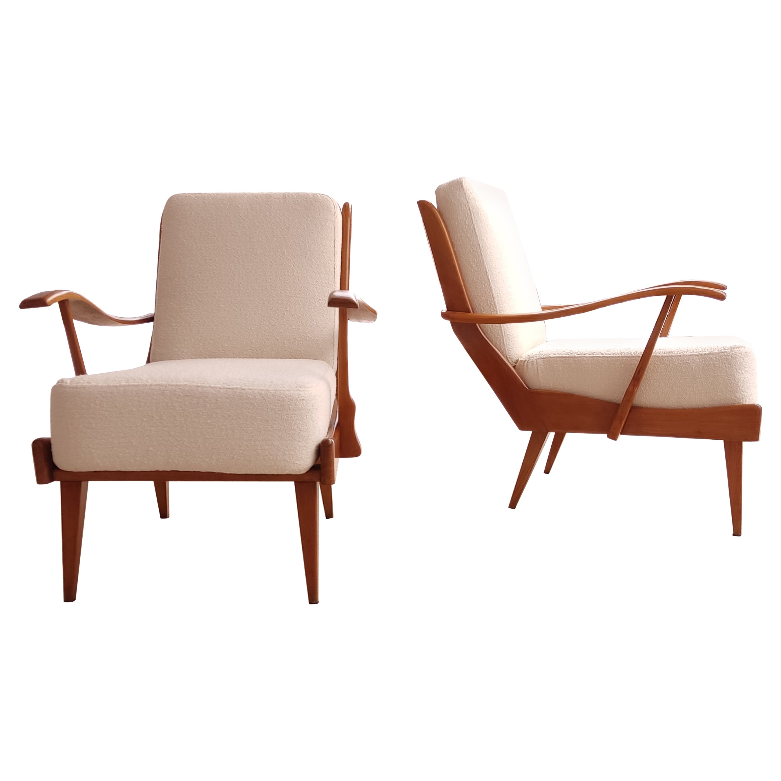 Pair of Italien Armchairs 1950s, Free Form, Ecru Bouclé