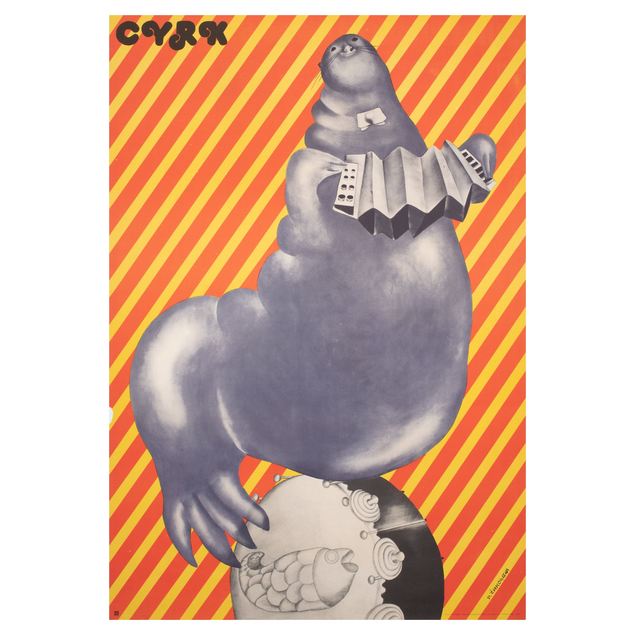Affiche polonaise d'un cirque, Cyrk Walrus jouant de l'accordéon, Zukowska, 1975 en vente
