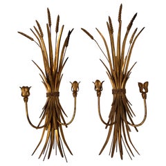 Pair of Italian Gilt Gold Iron and Tole Wheat Sheaf Candle Sconces