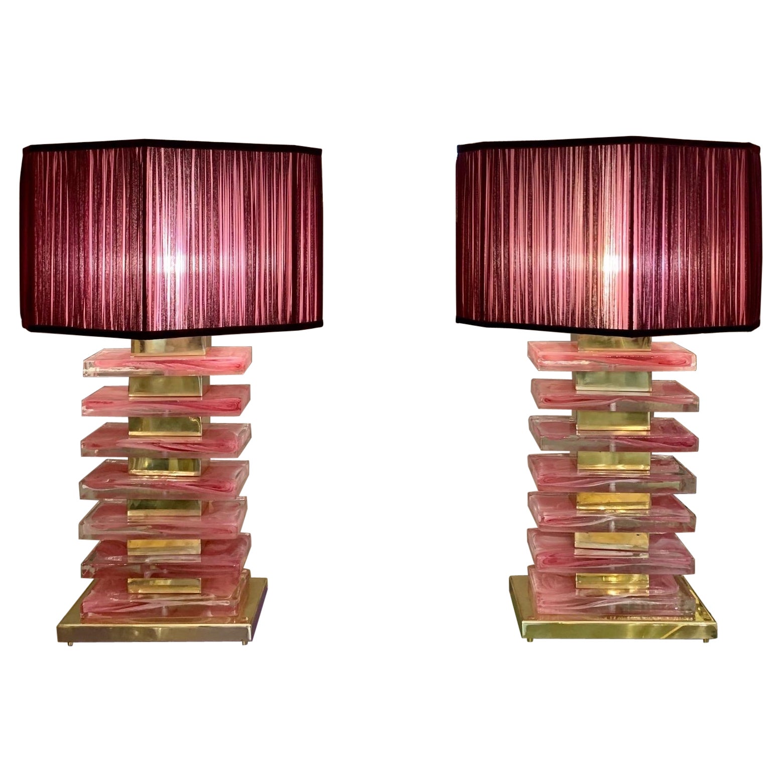 Pair of Pink Murano Glass Blocks Lamps and Our Handcrafted Lampshades, 1970s For Sale