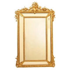 Antique Gilt Wall Mirror, Mirror with Flowers and Little Birds, Gold Leaf Frame