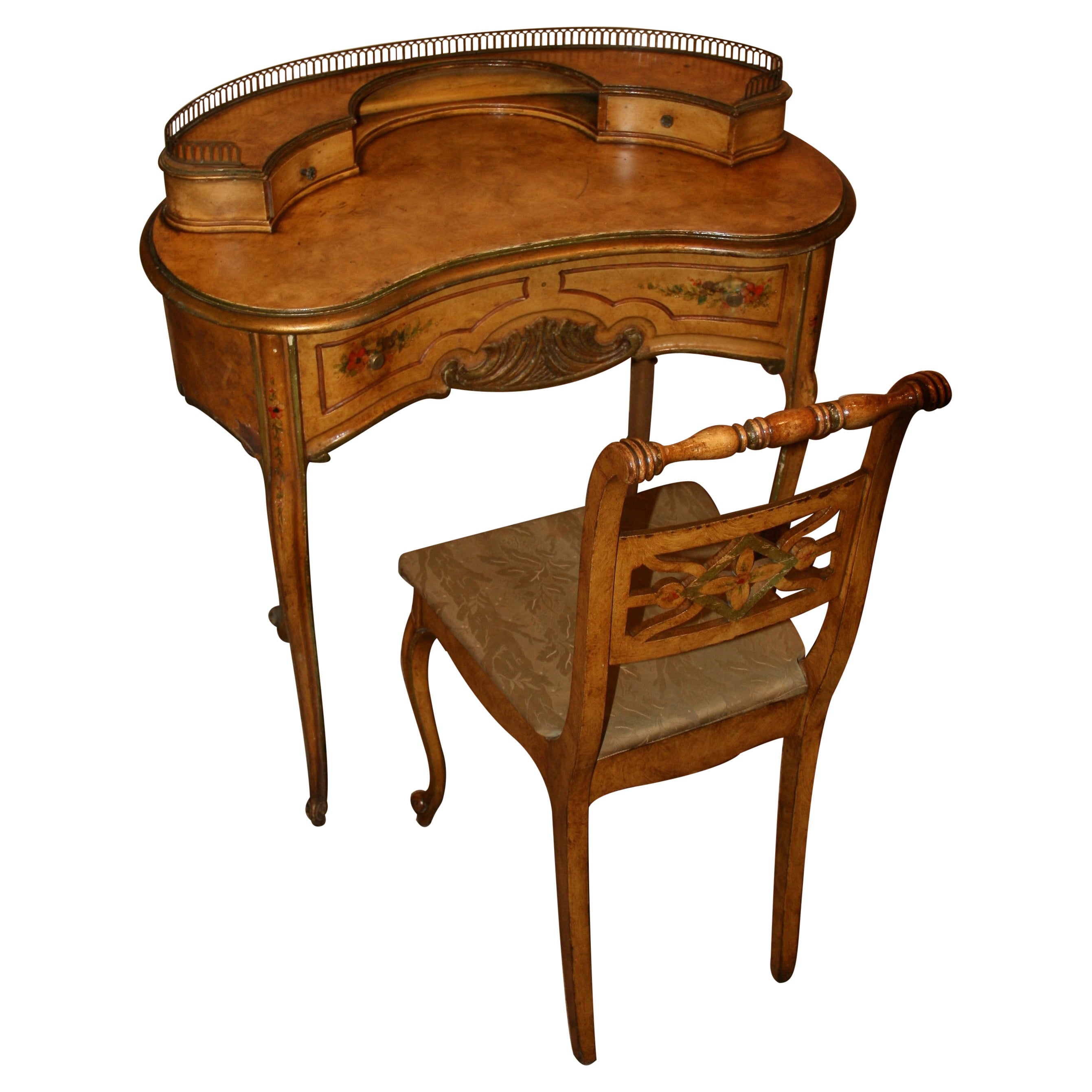 Handbemalter Schreibtisch und Stuhl in Form eines französischen Hahnentritts aus den 1920er Jahren im Angebot