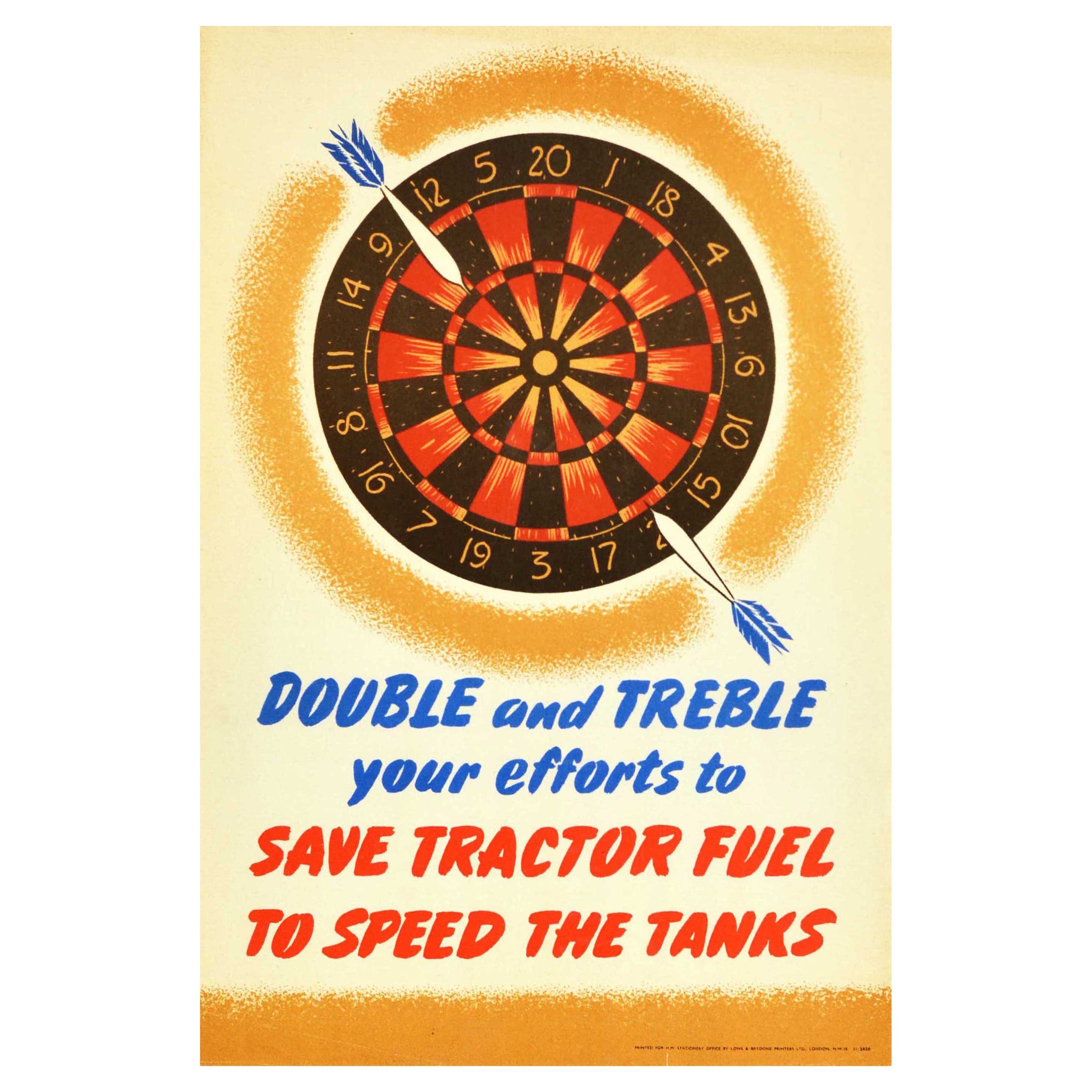 Original Vintage WWII Poster Save Tractor Fuel To Speed The Tanks Darts Design For Sale