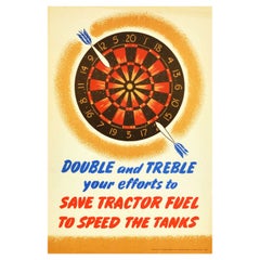 Original Vintage WWII Poster Save Tractor Fuel To Speed The Tanks Darts Design