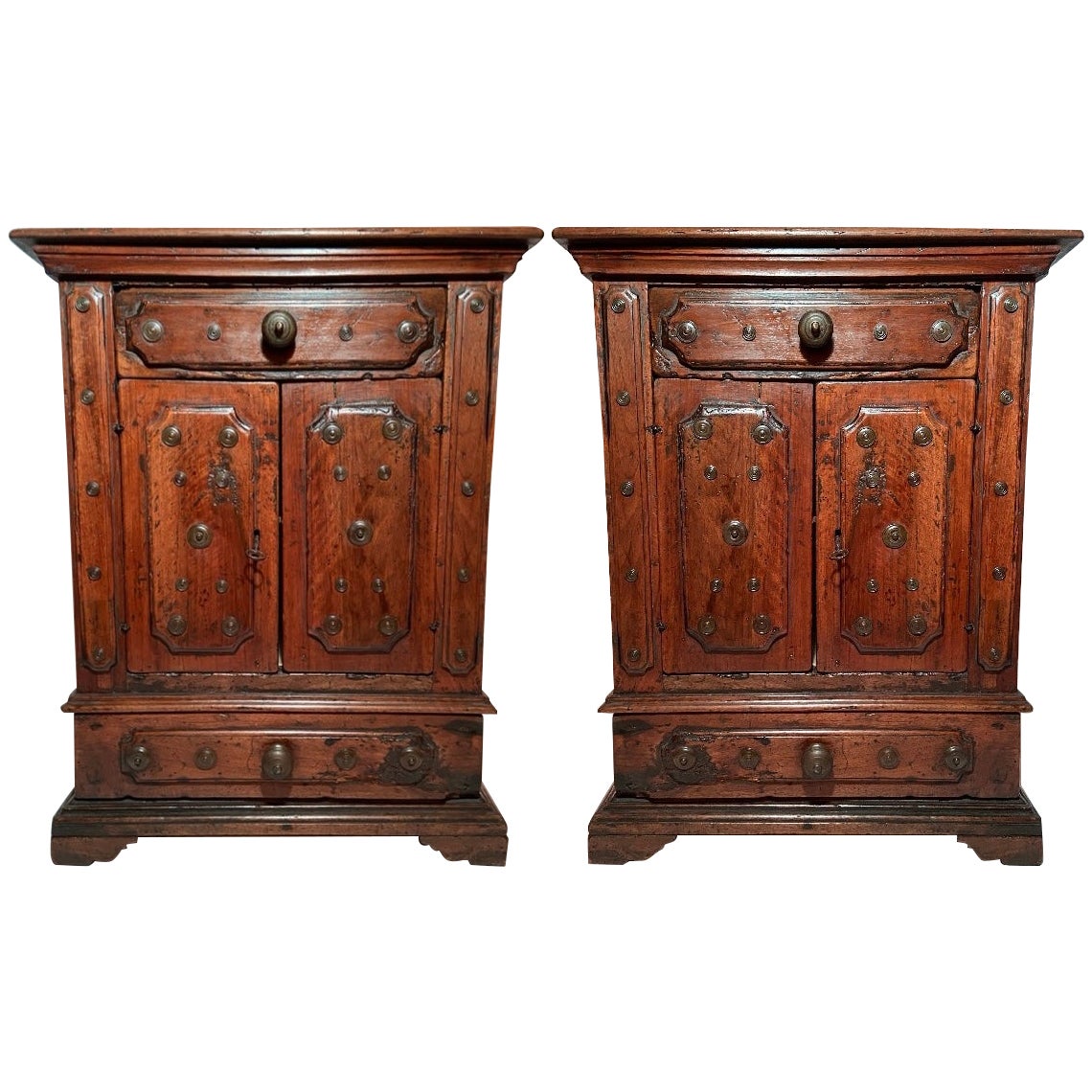 Pair Antique Italian Walnut Small Cabinets with Brass Nailheads