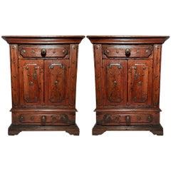 Pair Antique Italian Walnut Small Cabinets with Brass Nailheads