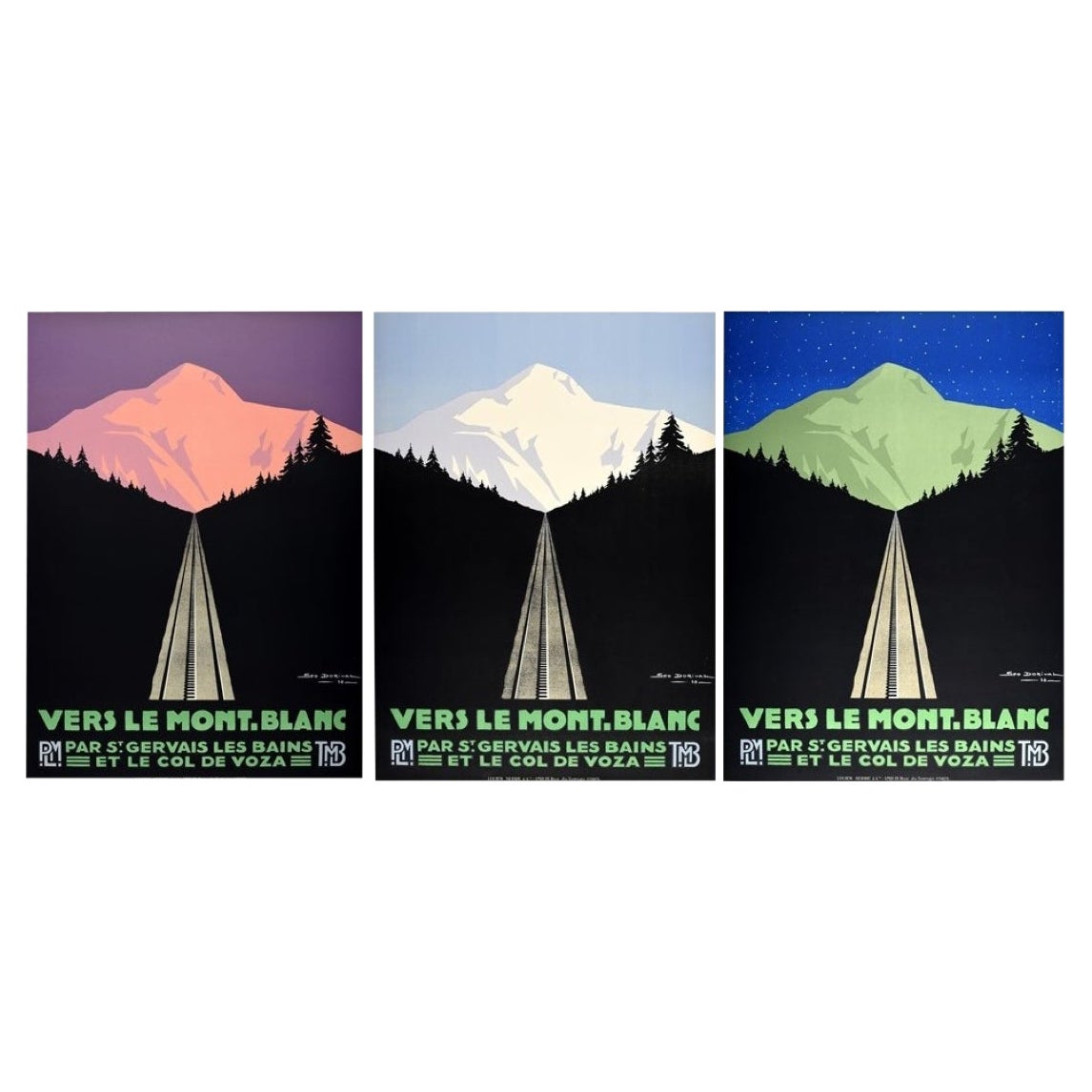 3 affiches vintage originales de voyage en chemin de fer PLM Vers Le Mont Blanc, Duvet de jour et de nuit en vente
