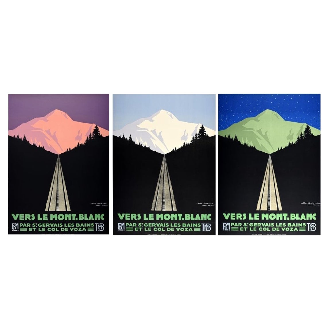 3 Manifesti di viaggio ferroviari PLM originali d'epoca Vers Le Blanc Giorno Notte Crepuscolo
