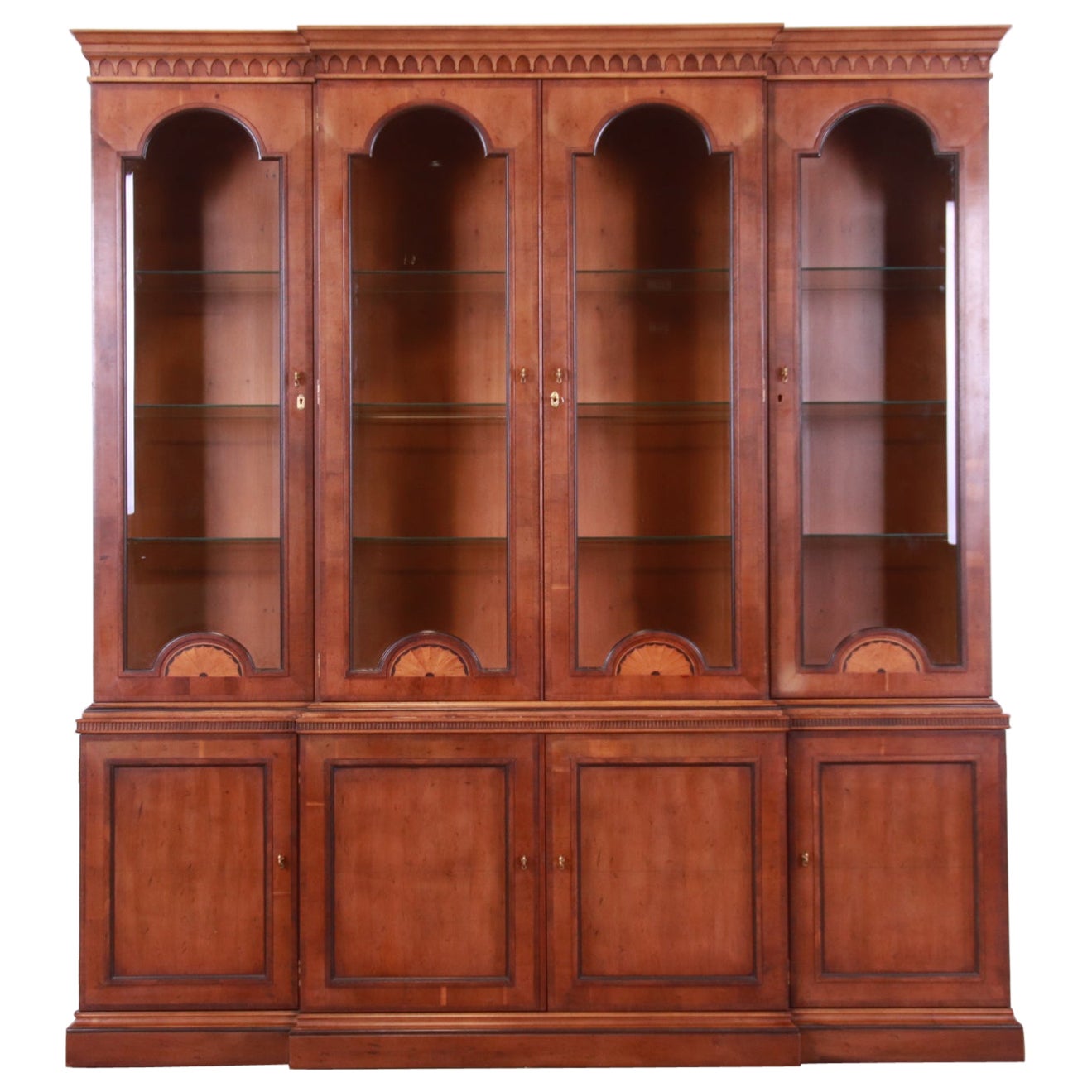 Henredon English Georgian Inlaid Yew Wood Breakfront Bookcase Cabinet For Sale