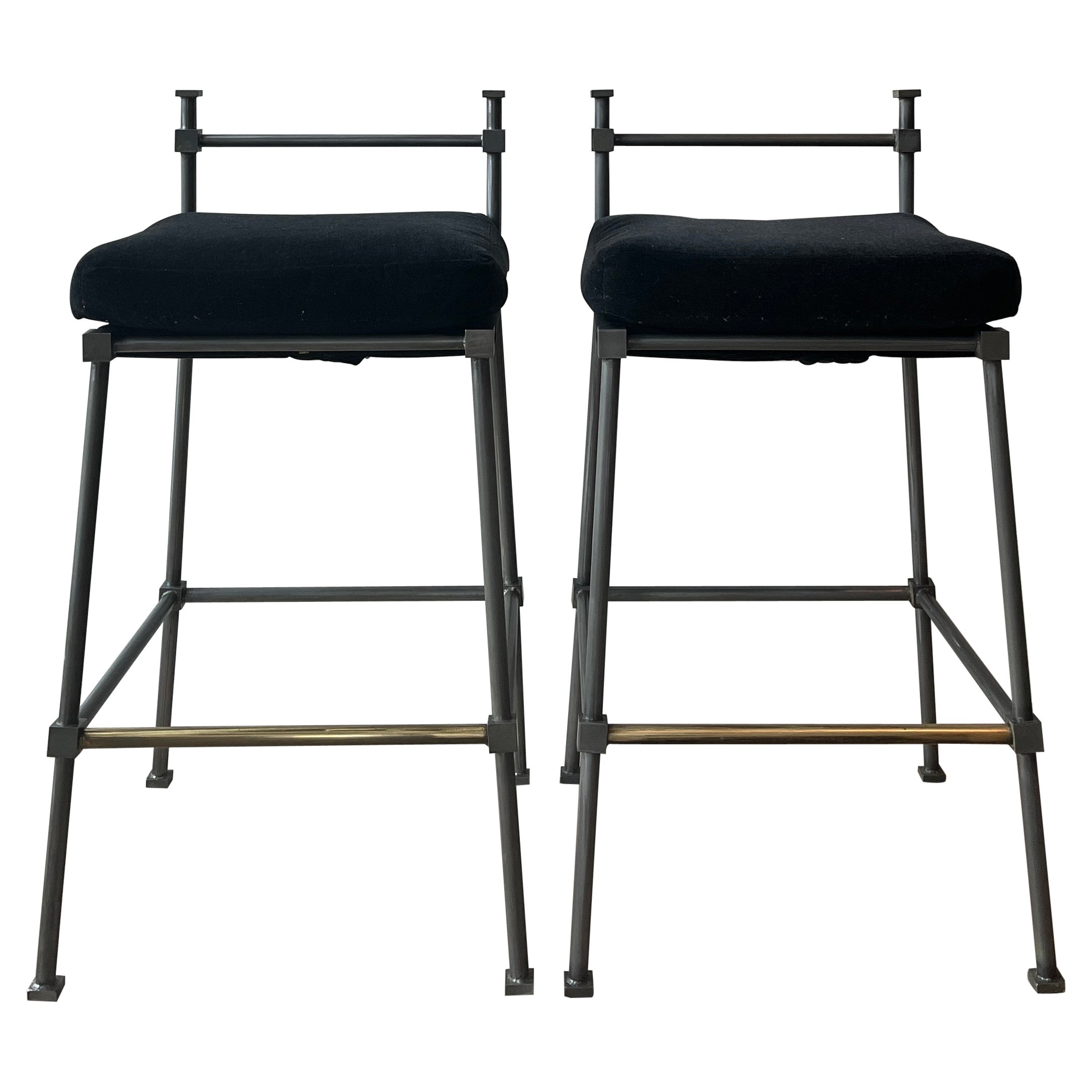 Pair of English Midcentury Bronze Barstools with New Black Wool Velvet Cushions For Sale