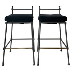 Retro Pair of English Midcentury Bronze Barstools with New Black Wool Velvet Cushions