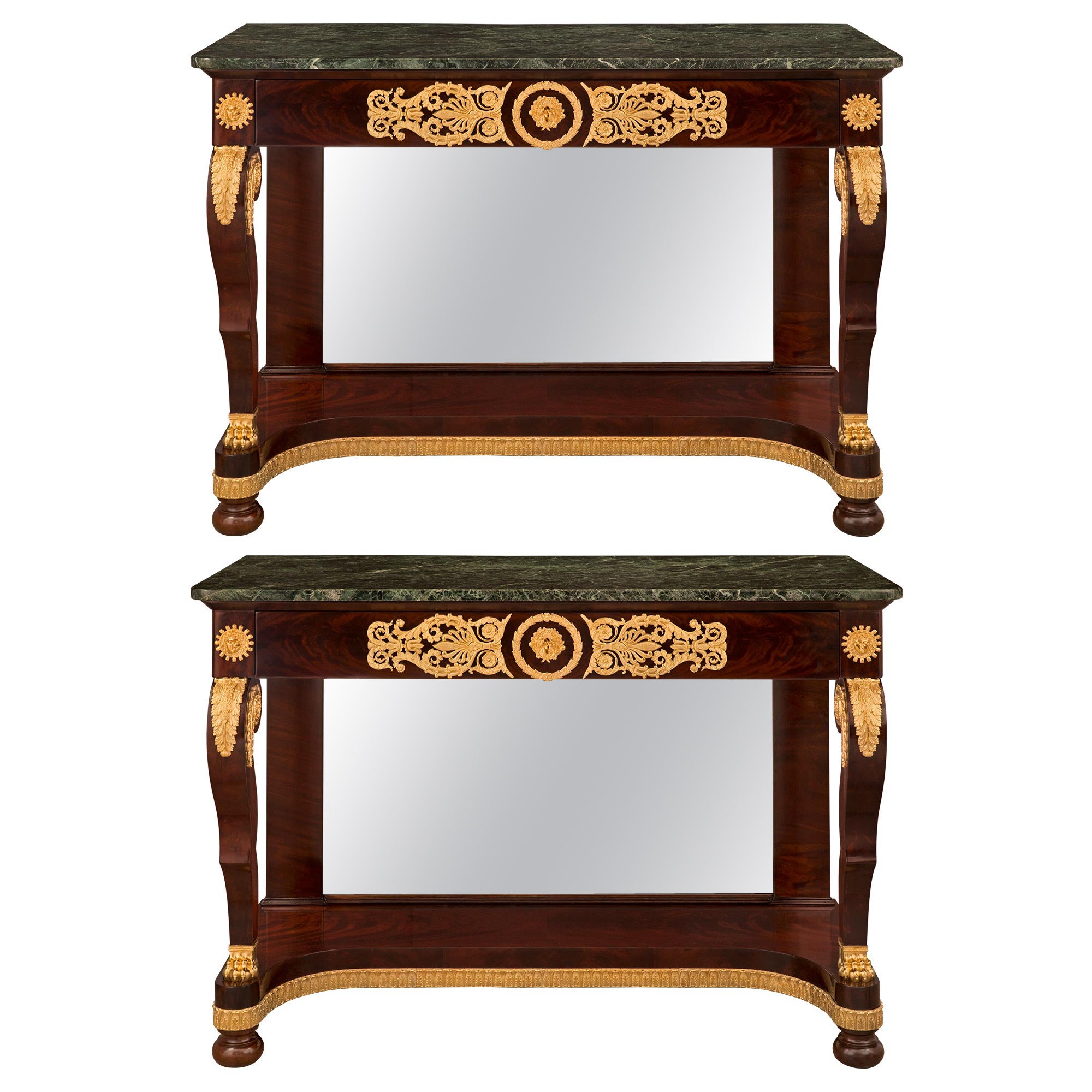Pair of French 19th Century Empire St. Mahogany, Ormolu and Marble Consoles For Sale