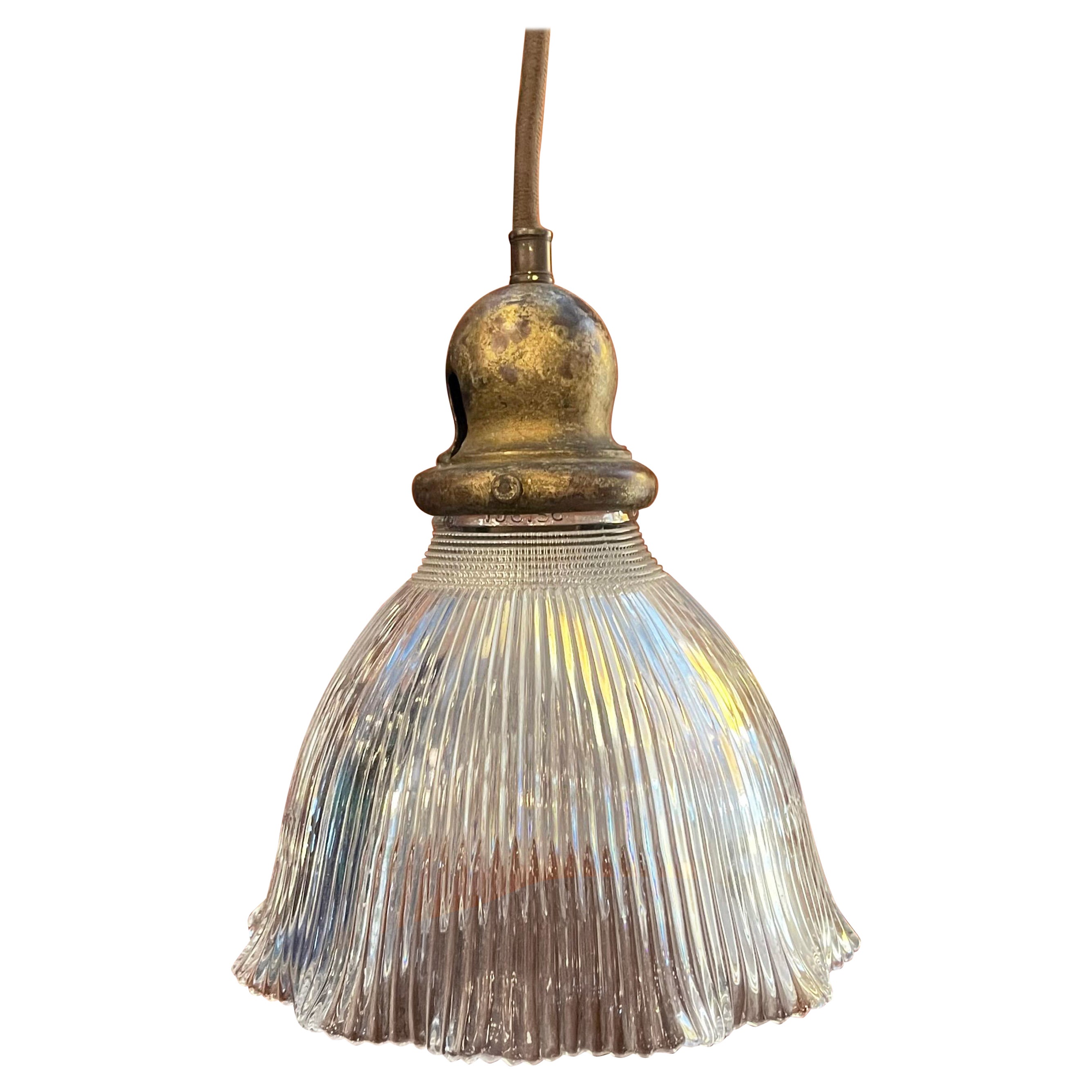 Industrial Ruffled Holophane Bell Pendant Light For Sale