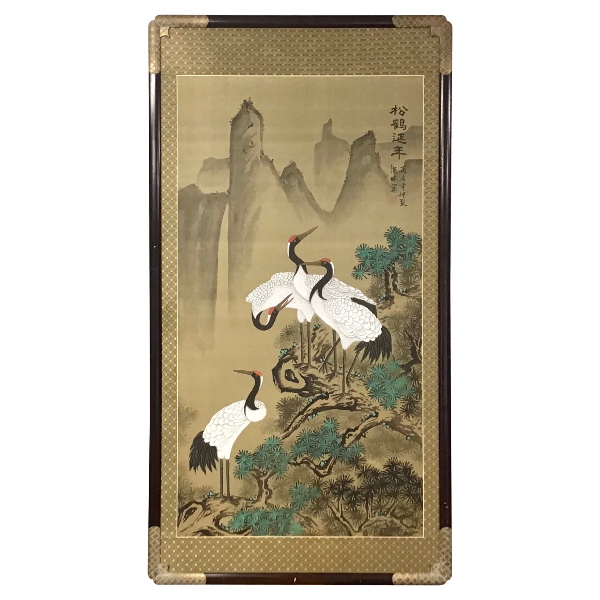 Large Asian Painting of Cranes on Silk