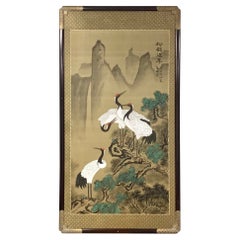Vintage Large Asian Painting of Cranes on Silk