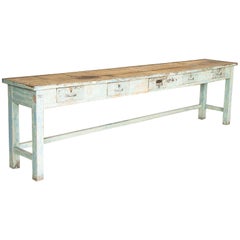 Long Original Antique Blue Painted Narrow Worktable Console Table