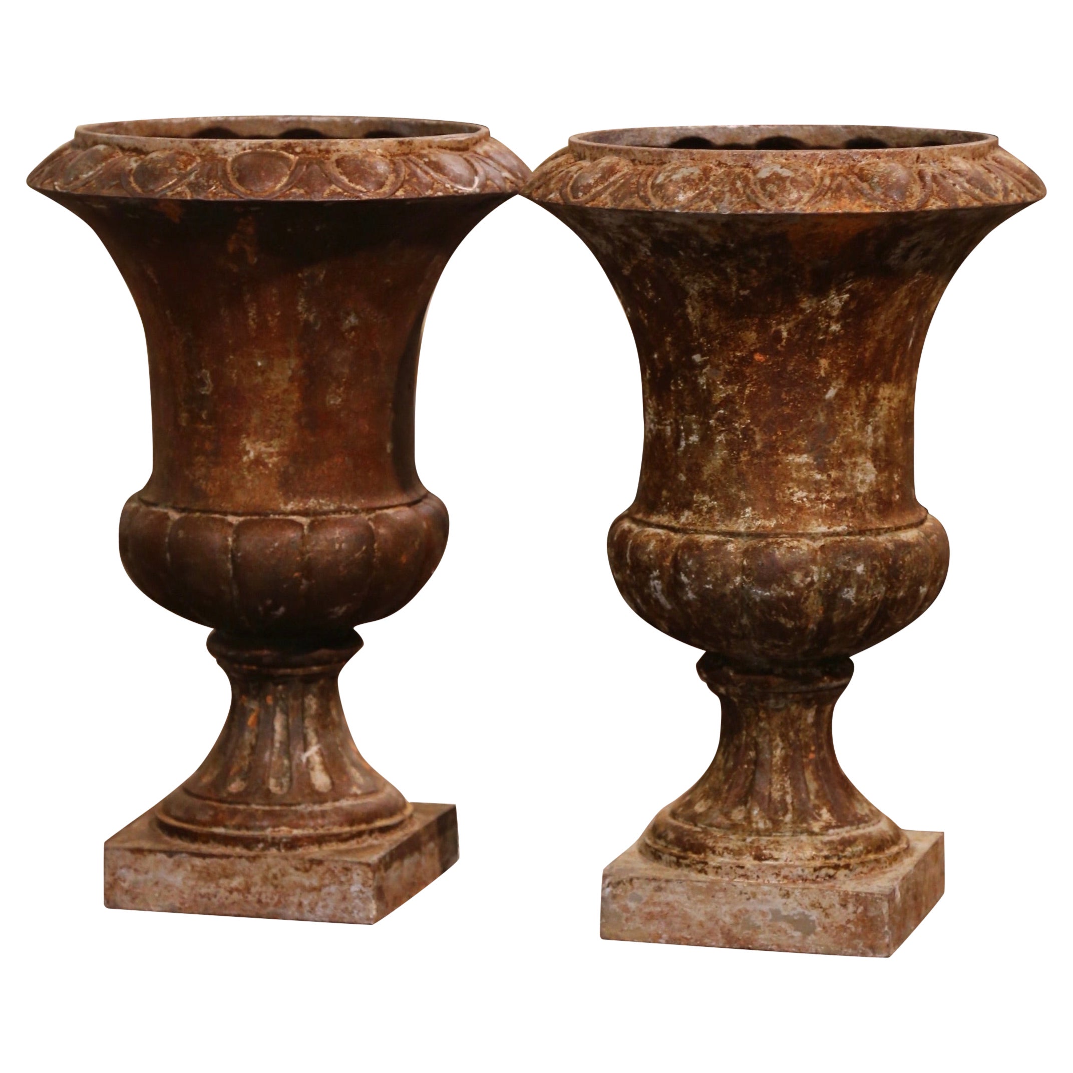 Pair of 19th Century French Weathered Iron Campana Form Garden Urns For Sale