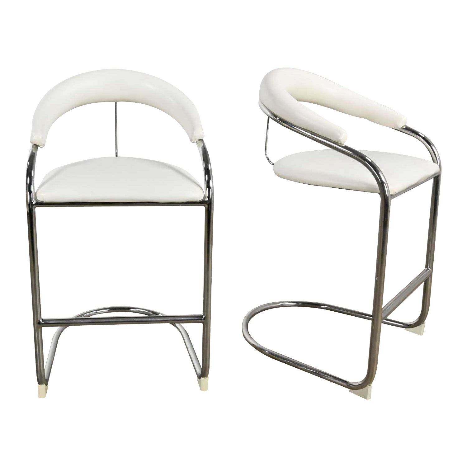 Tabourets de bar en porte-à-faux en vinyle blanc et chrome modèle SS33 Anton Lorenz pour Thonet