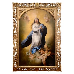 Antique 19th Century Oil on Canvas Painting of The Assumption in Original Frame