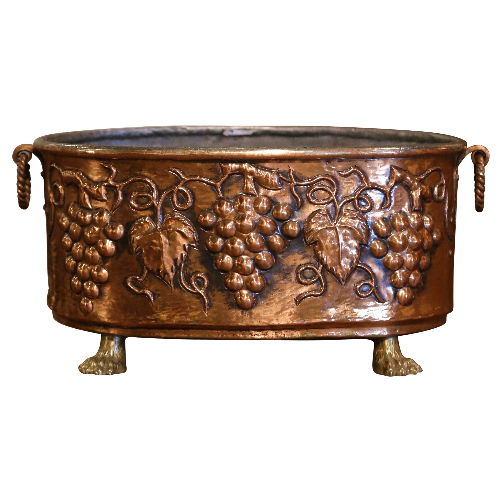 19th Century, French Brass Cache-Pot with Repousse Grape and Vine Decor
