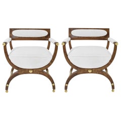 Director or Savonarola Style Chairs in Burl Wood with Brass Accents by Widdicomb