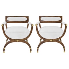 Retro Director or Savonarola Style Chairs in Burl Wood with Brass Accents by Widdicomb