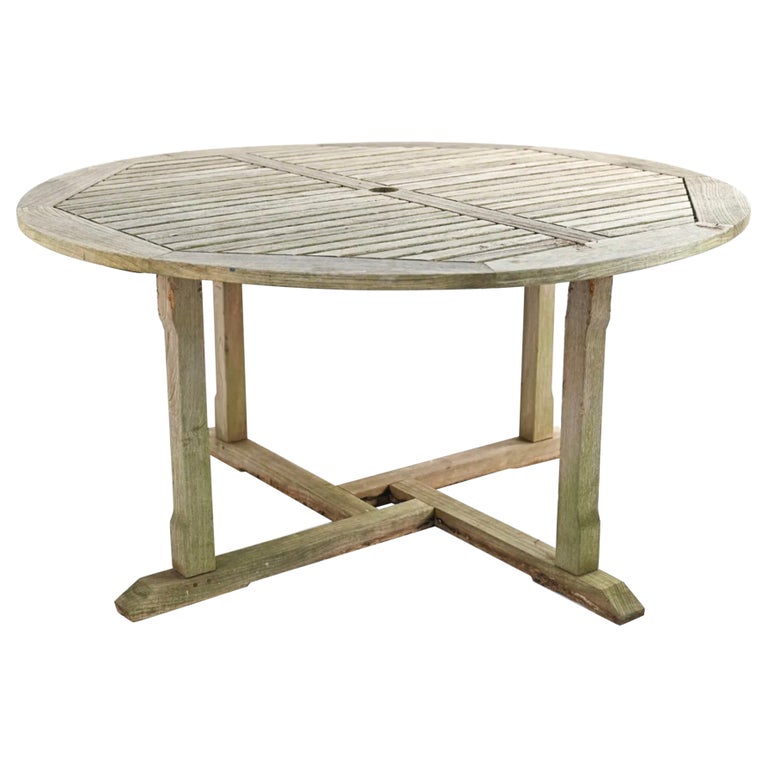 Vintage Round Teak Wood Outdoor Garden Dining Table For Sale
