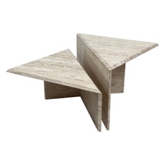 Polished Italian Travertine Triangle Coffee Tables - Set of Two