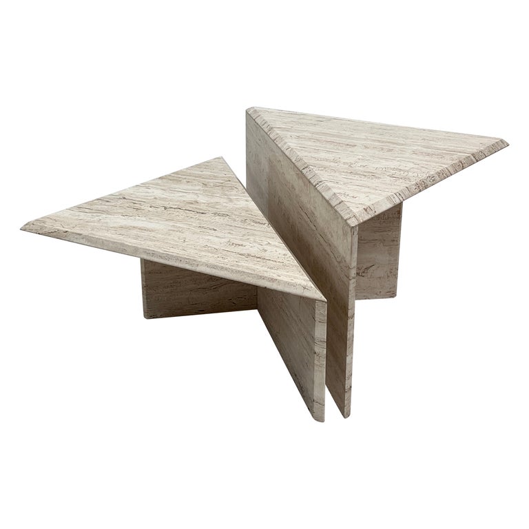 Polished Italian Travertine Triangle Coffee Tables - Set of Two For Sale