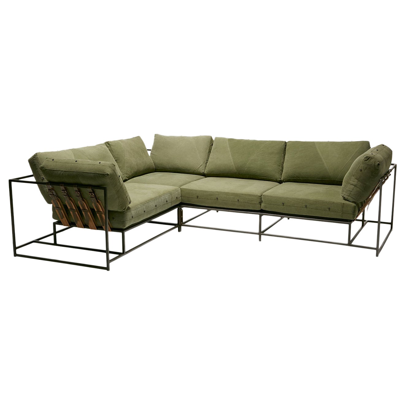 Military Canvas & Blackened Steel Medium Sectional For Sale