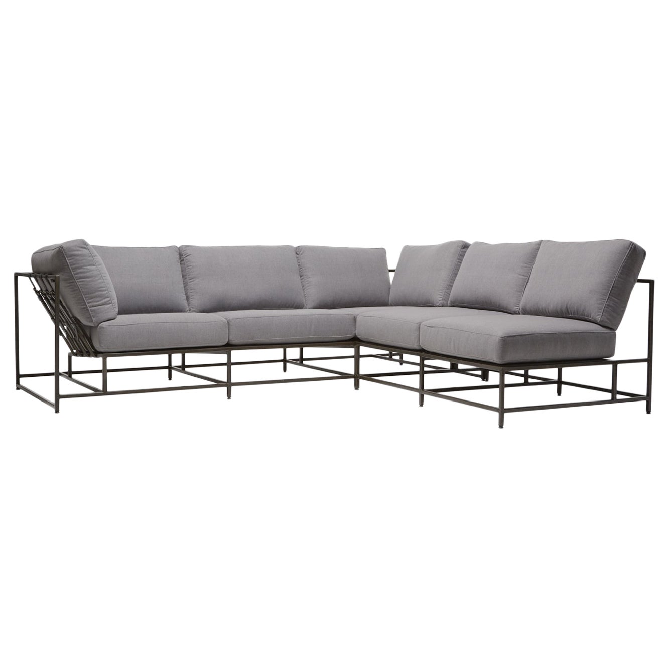 Light Grey Wool and Blackened Steel L Sectional For Sale
