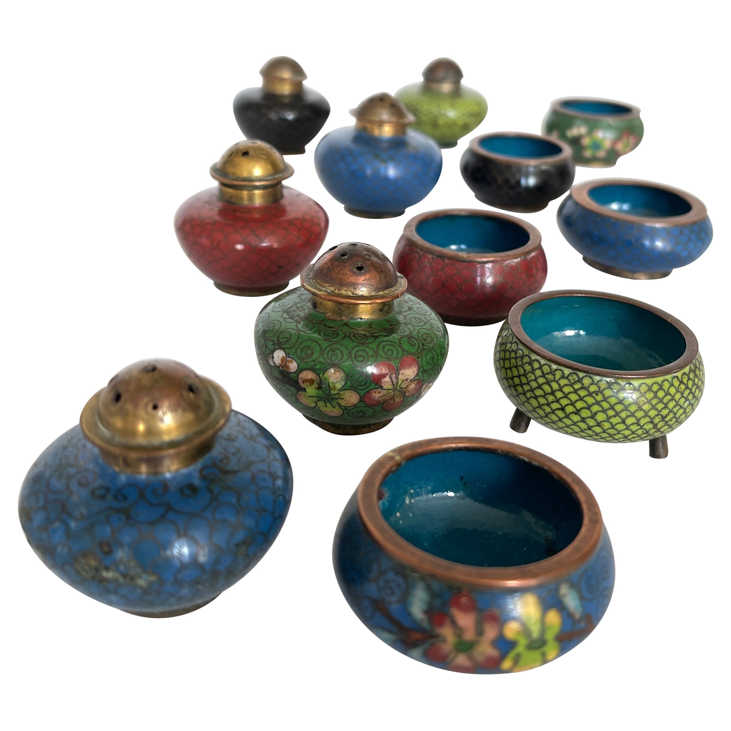 Antique Chinese Cloisonné Salt Cellar and Pepper Shaker Sets  For Sale