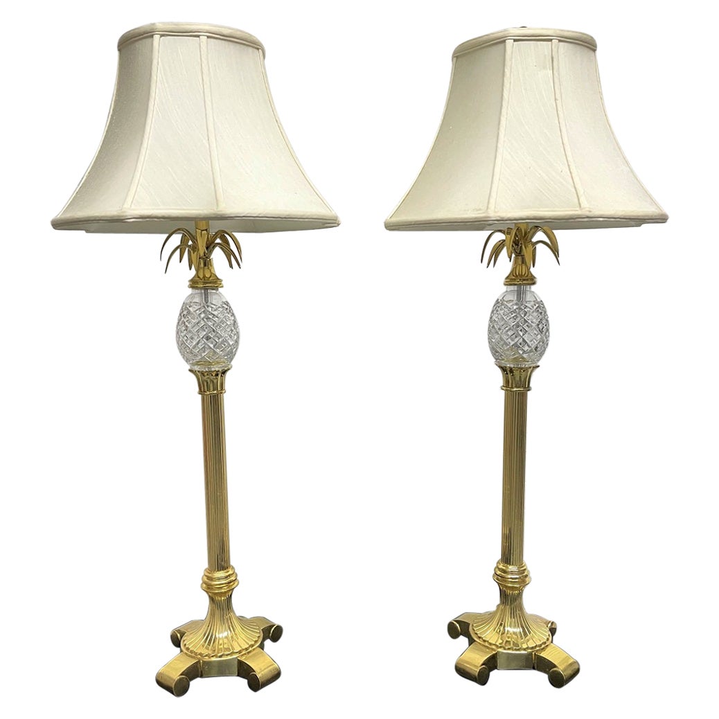 Pair Brass and Crystal Pineapple Lamps  For Sale