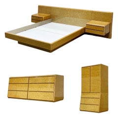 Post Modern Bedroom Set in Birdseye Maple, Queen Platform Bed, Dresser, Armoire