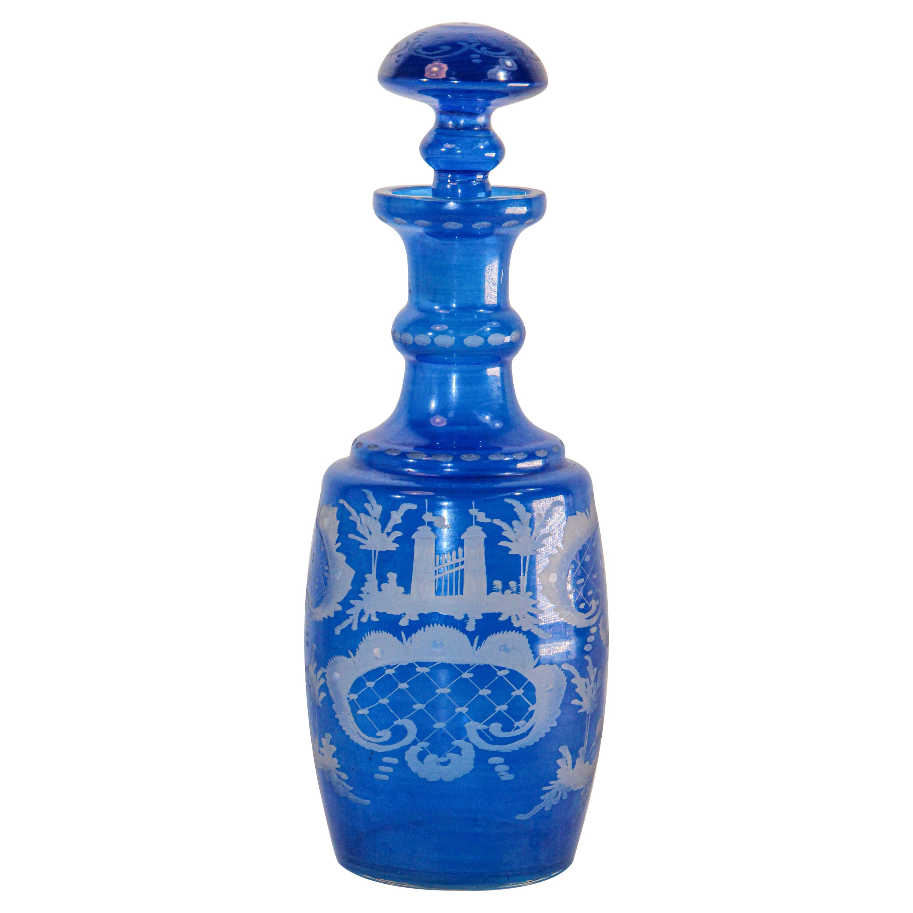 Bohemian Blue Antique Engraved Glass Bottle Covered Decanter For Sale