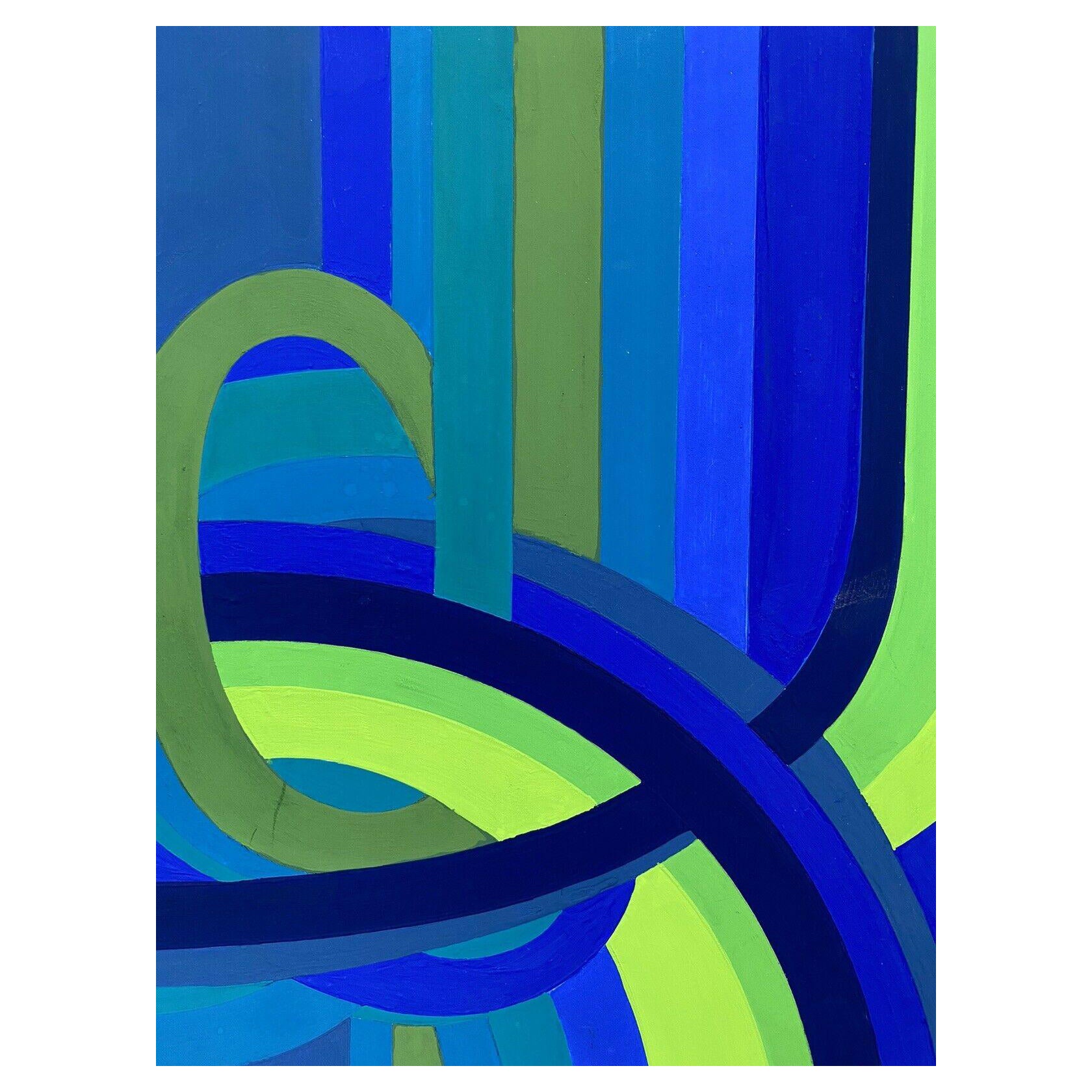 Peinture géométrique abstraite française Arlette Martin, motif bleu et vert