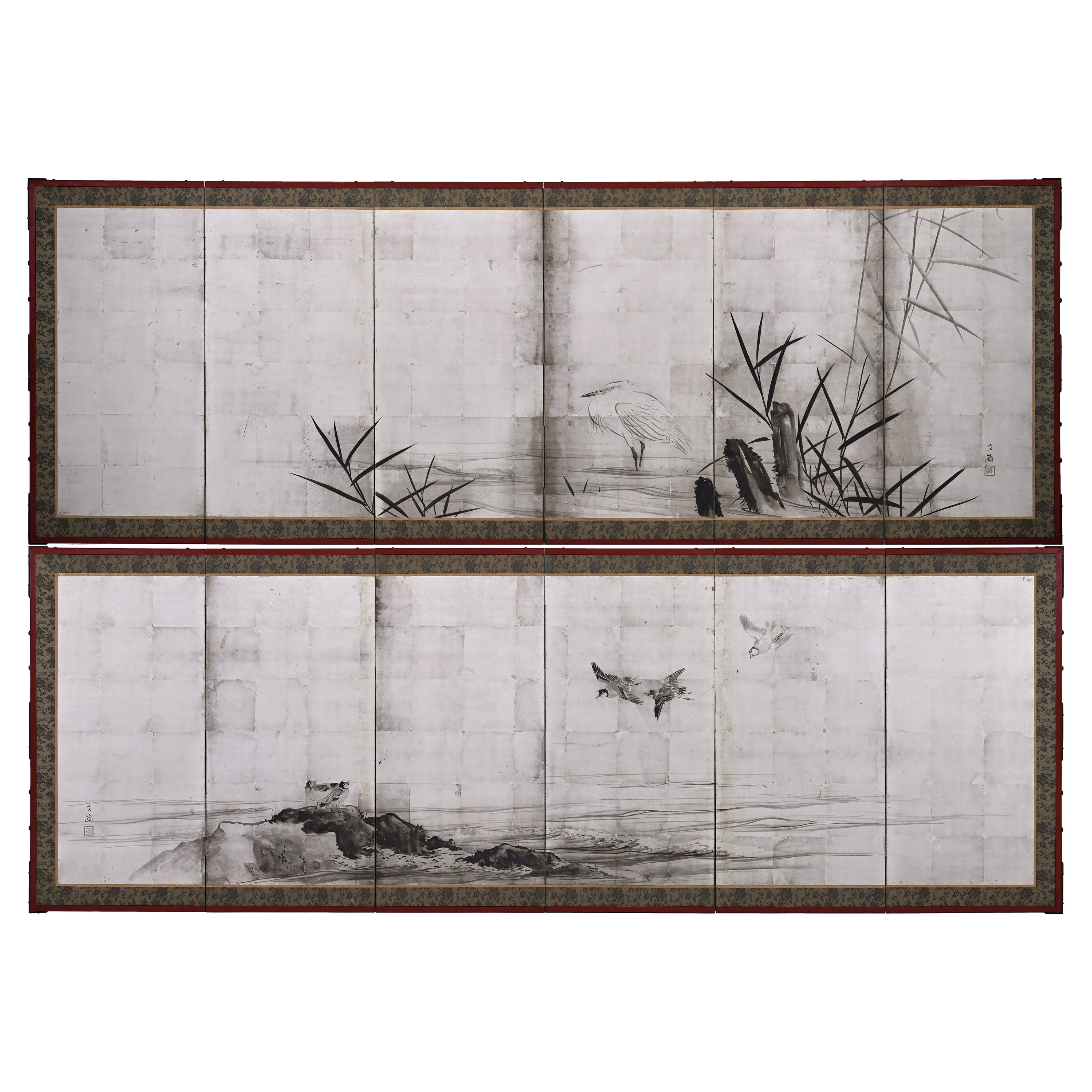 Japanese Silver Screen Pair, Meiji Period, Herons & Plovers, Shijo School