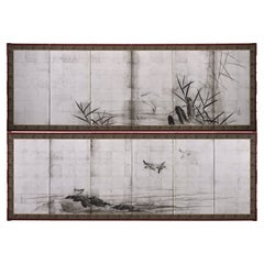 Japanese Silver Screen Pair, Meiji Period, Herons & Plovers, Shijo School