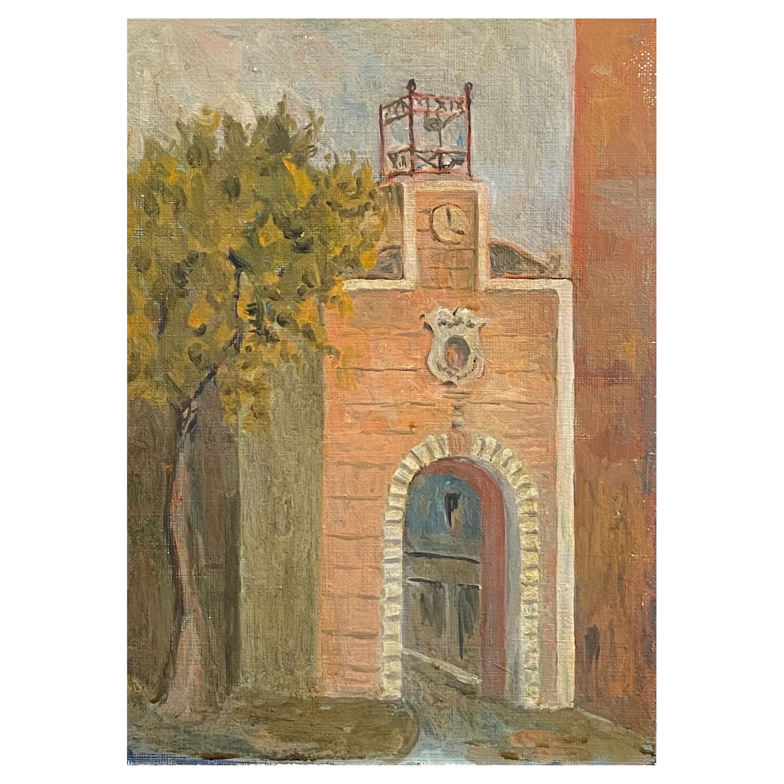 1950's French Modernist/ Cubist Painting Signed, French Clock Tower